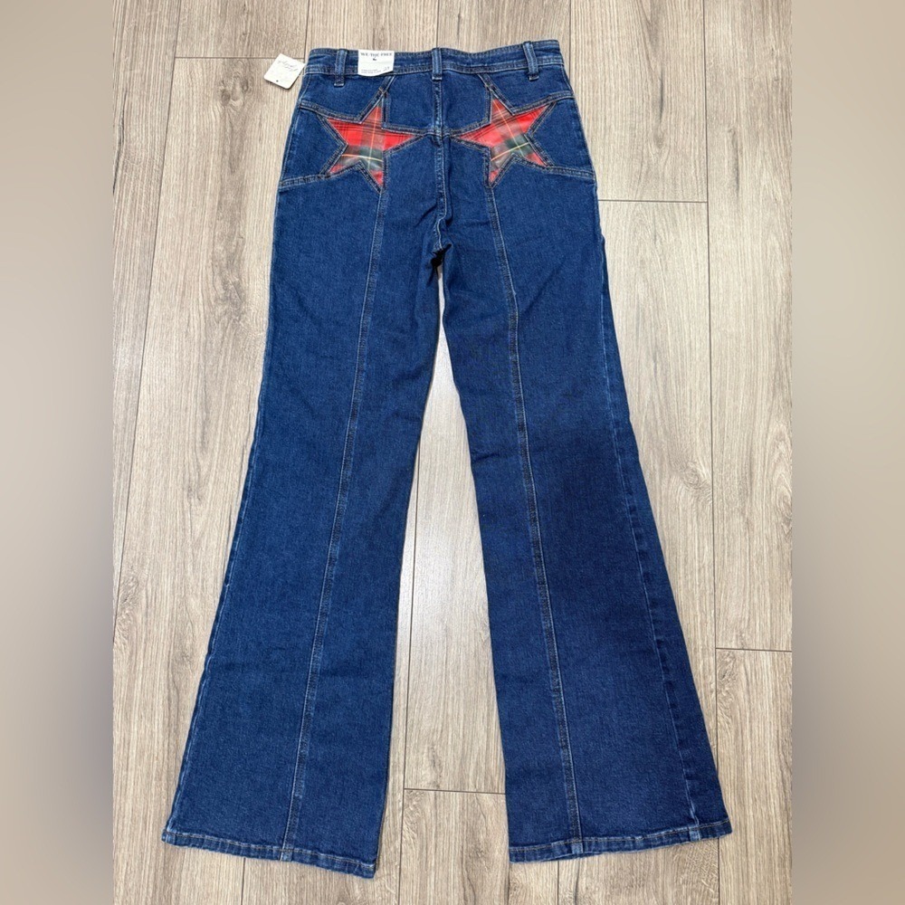 NWT Free People Firecracker Jeans Holiday Tartan Stars Blue Plaid Size 29